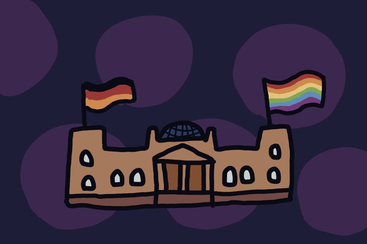 Handgezeichneter Reichstag mit Deutschland- und Regenbogenflagge.