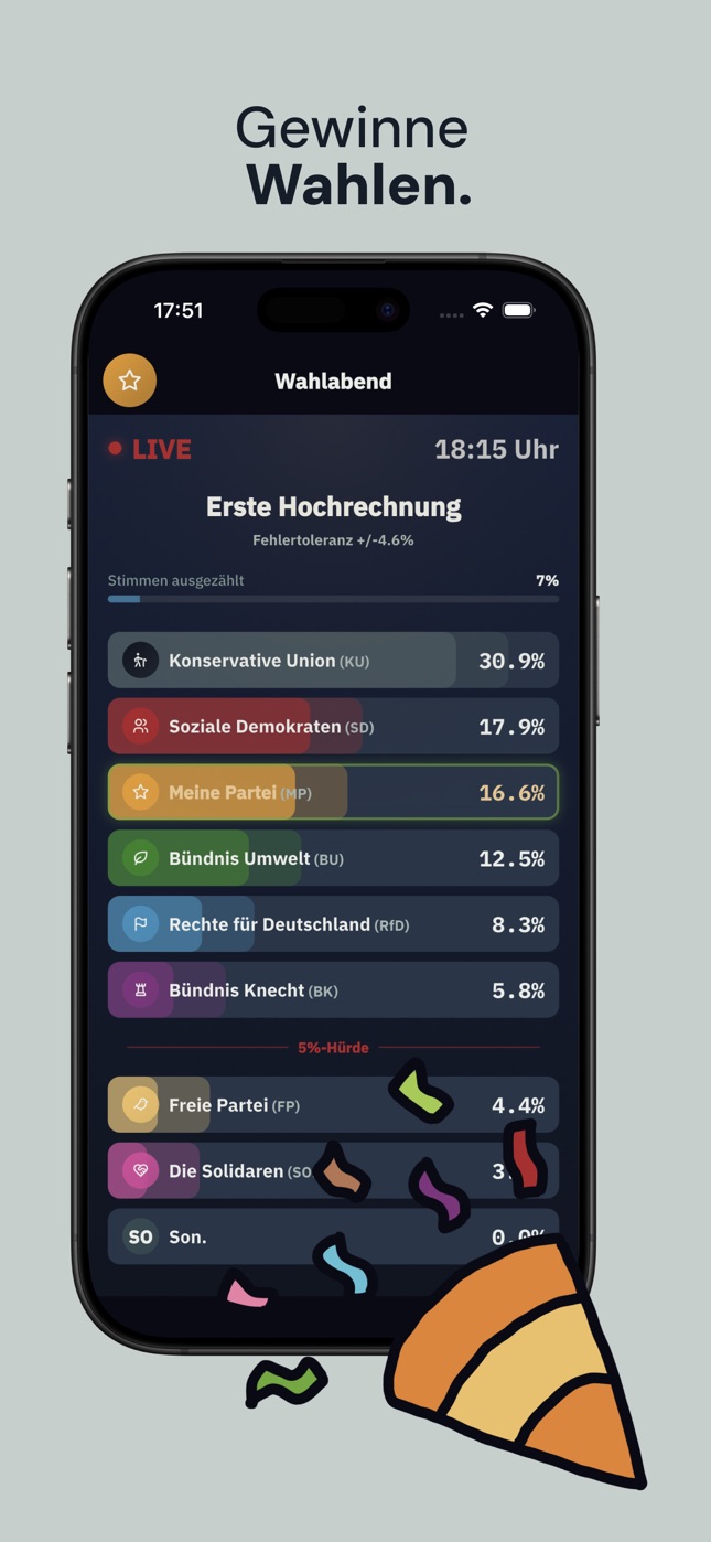 Screenshot: Gewinne Wahlen mit Wahlabend und Hochrechnung.