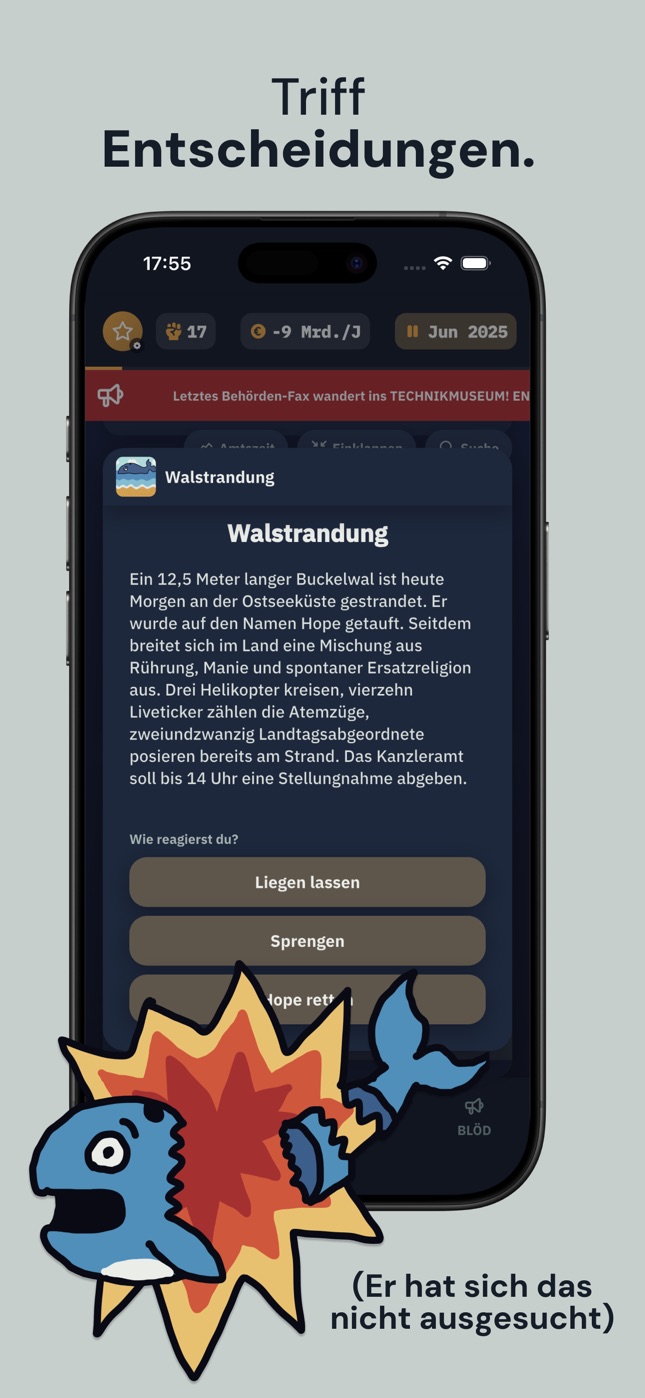 Screenshot: Treffe Entscheidungen bei einem Ereignis zur Walstrandung.