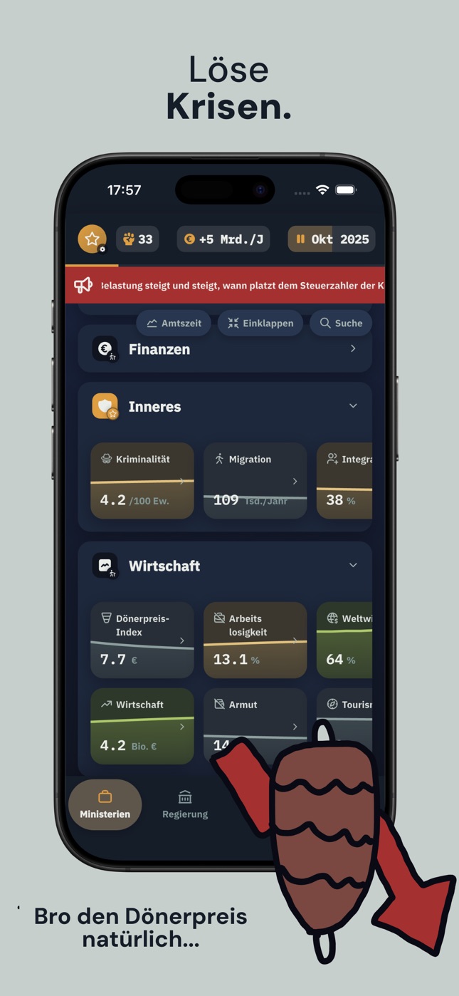Screenshot: Überstehe Krisen mit Ministerien und Simulationswerten.